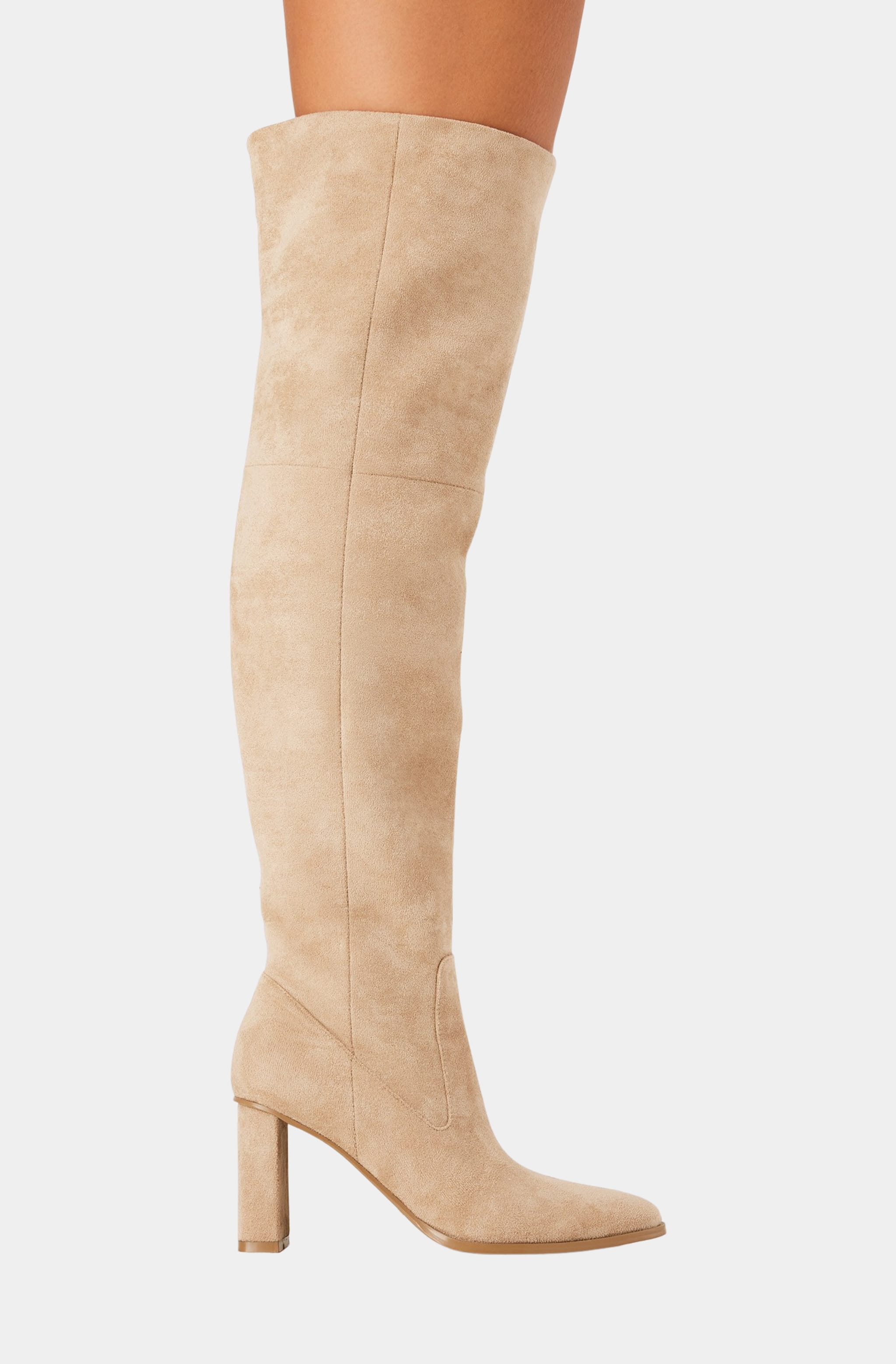 Side profile of worn beige knee-high Tova Boot