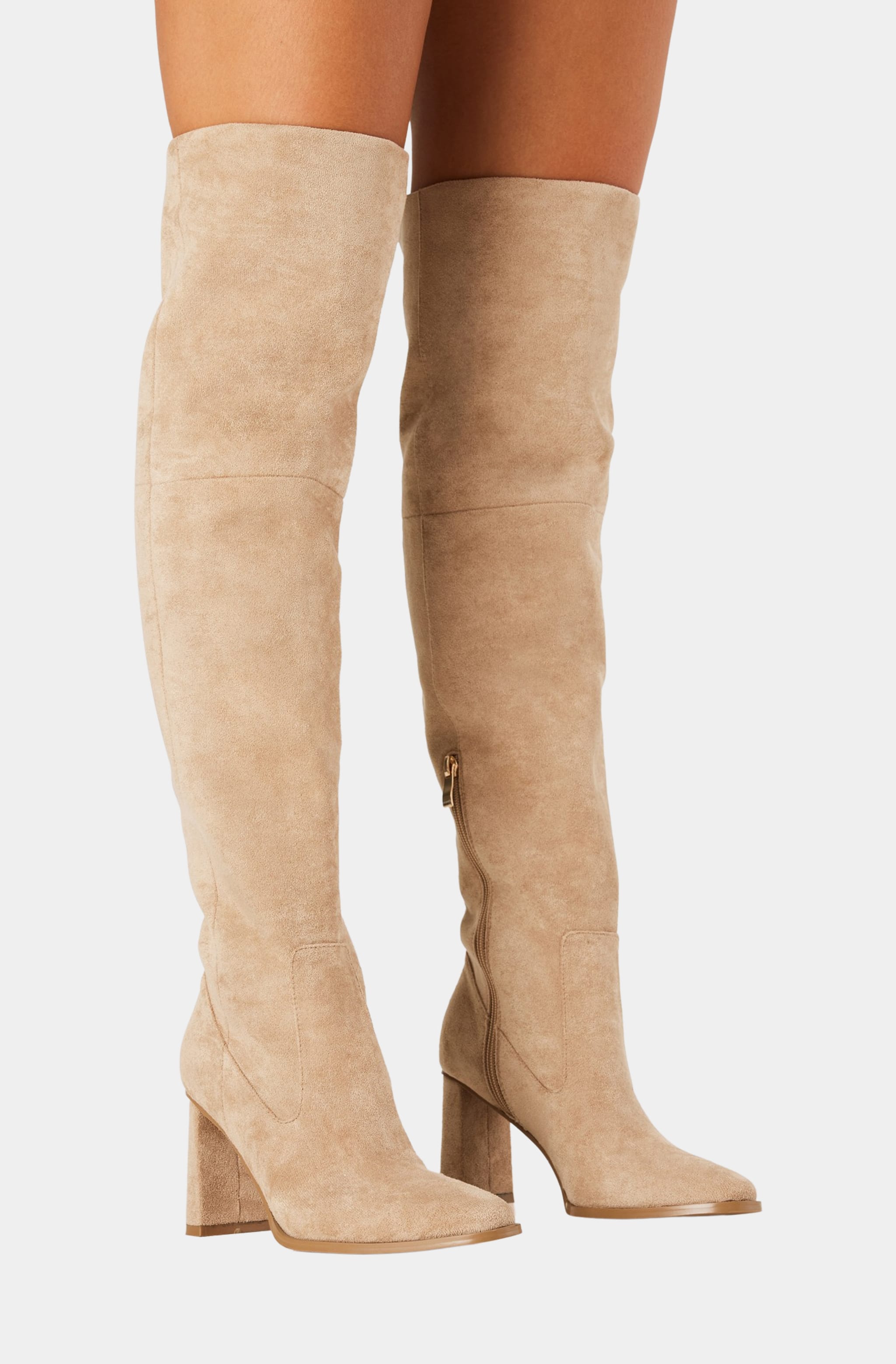 Beige Tova Boots worn, knee-high suede with block heel