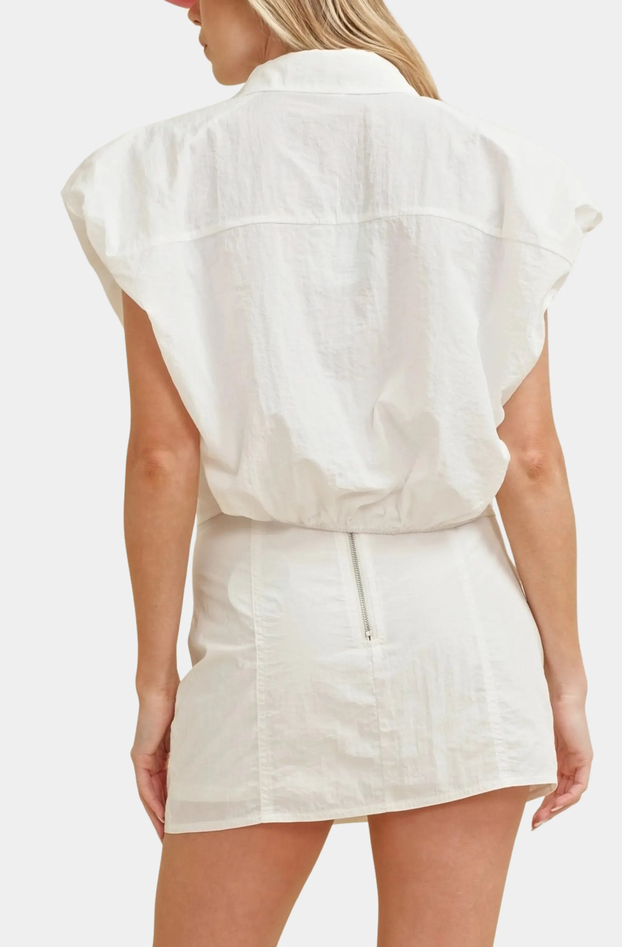 Back view of white Nanette Top with parachute fabric