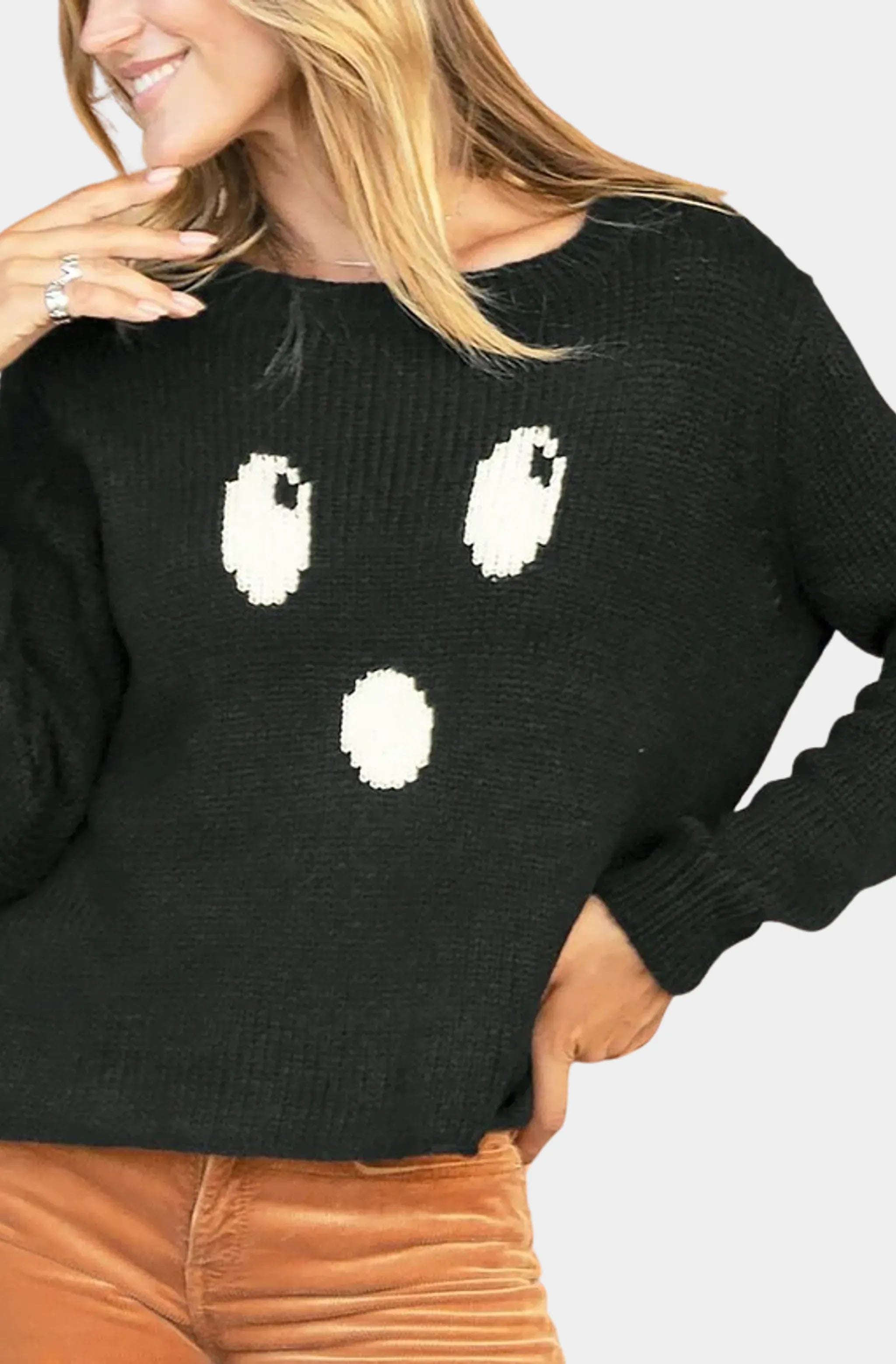 Cozy Ghost Crew Chunky Sweater, black with ghost graphic
